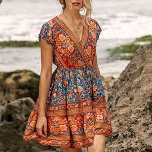 floral print v neck ruffle boho gypsy mini dress